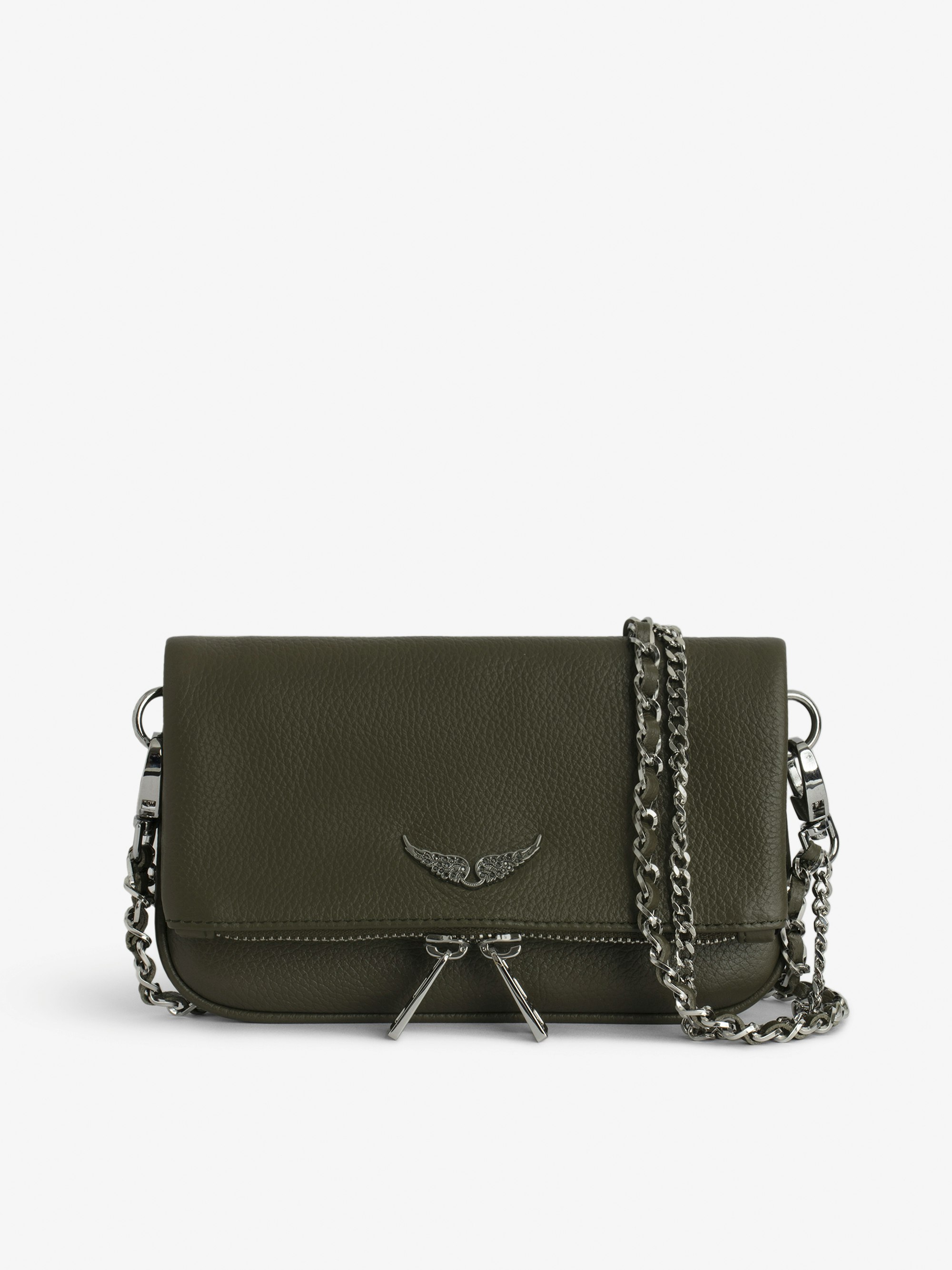 Pochette Rock Nano - Piccola pochette in pelle granata kaki con doppia catena e ali con strass.