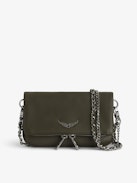Pochette Rock Nano - Petite pochette en cuir grainé kaki à double chaîne et ailes à strass.