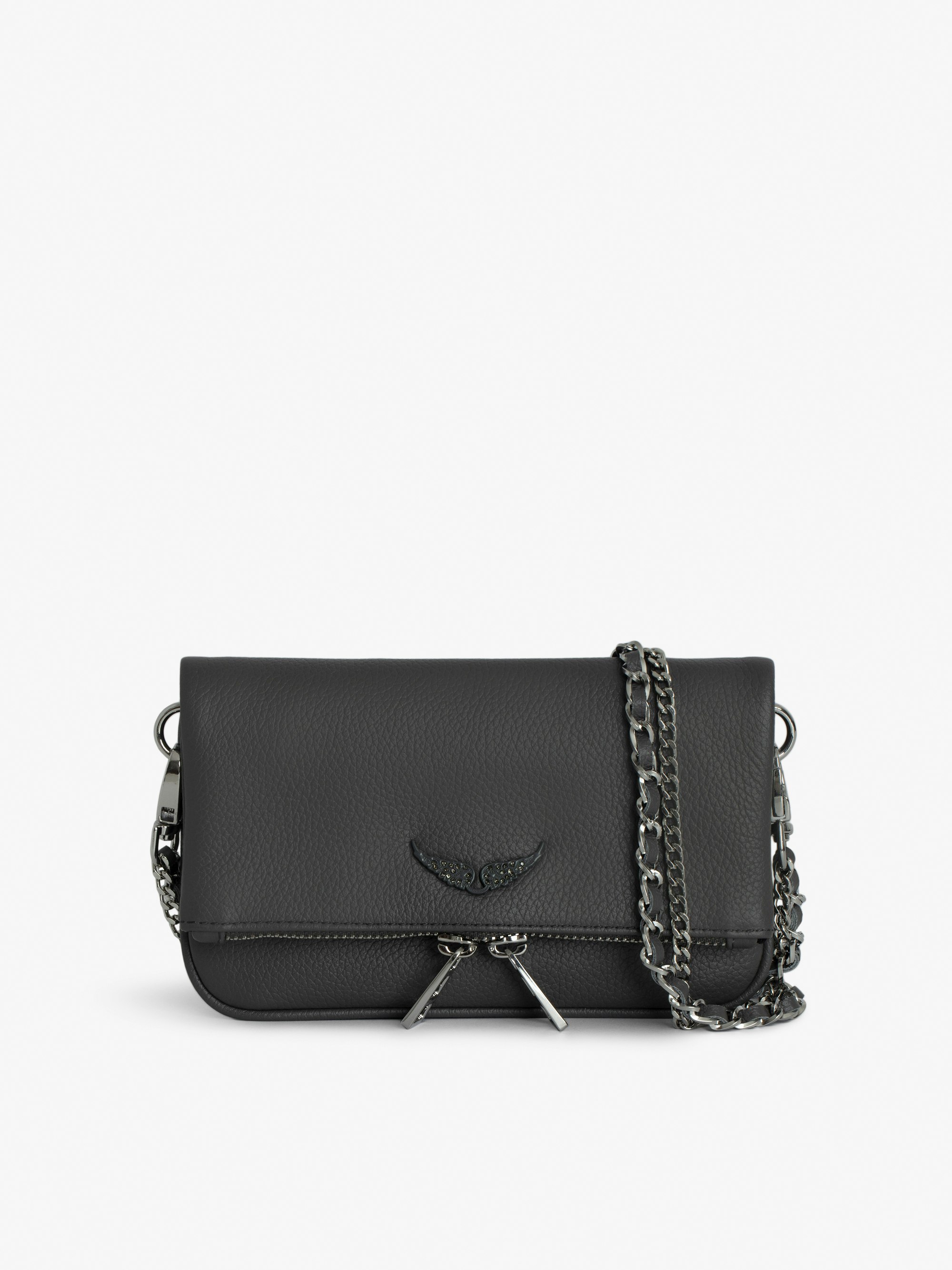 Rock Nano Clutch - Small grained leather clutch with double chain and signature wings.