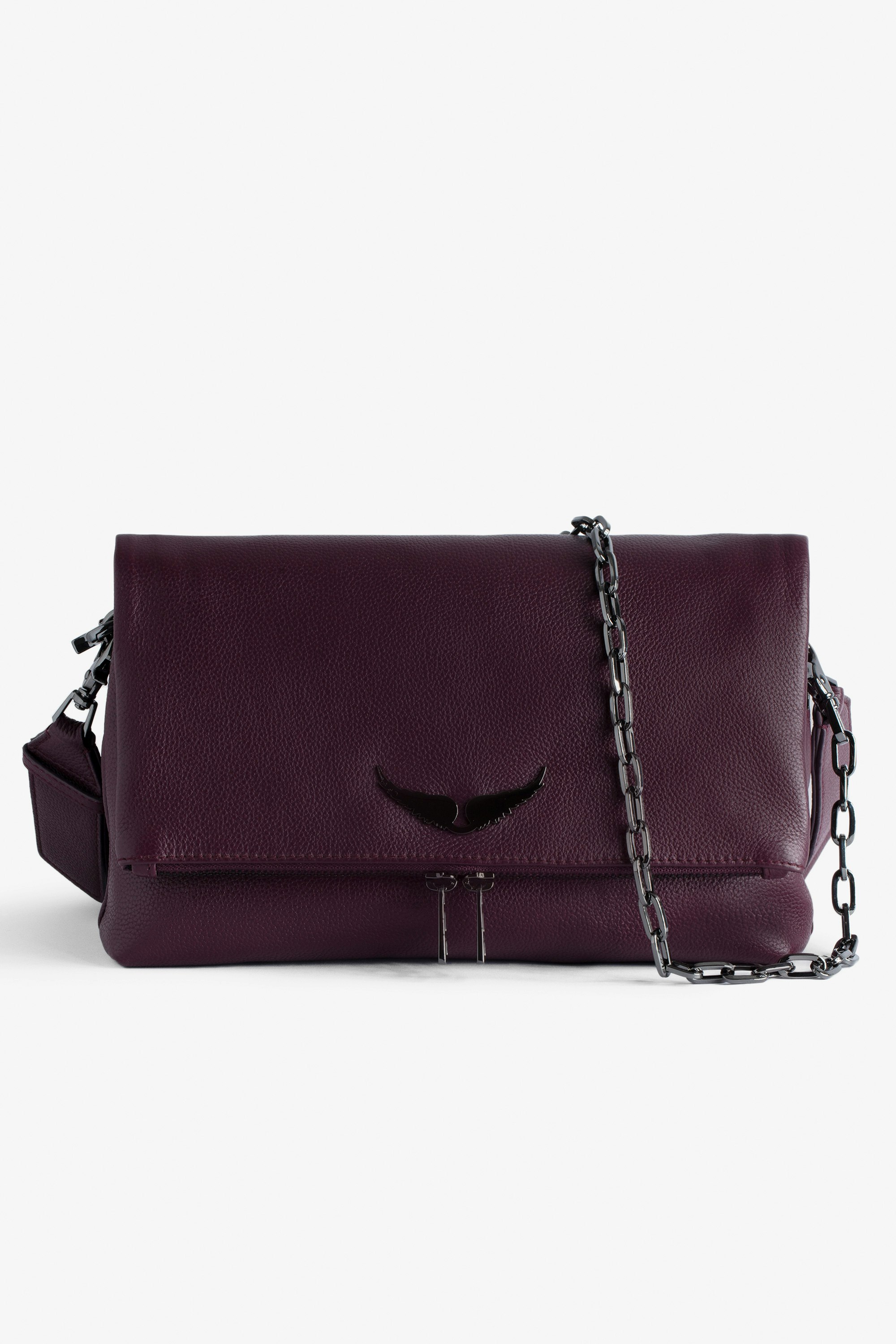 Rocky Bag - Women’s burgundy grained leather bag with shoulder strap and wings charm