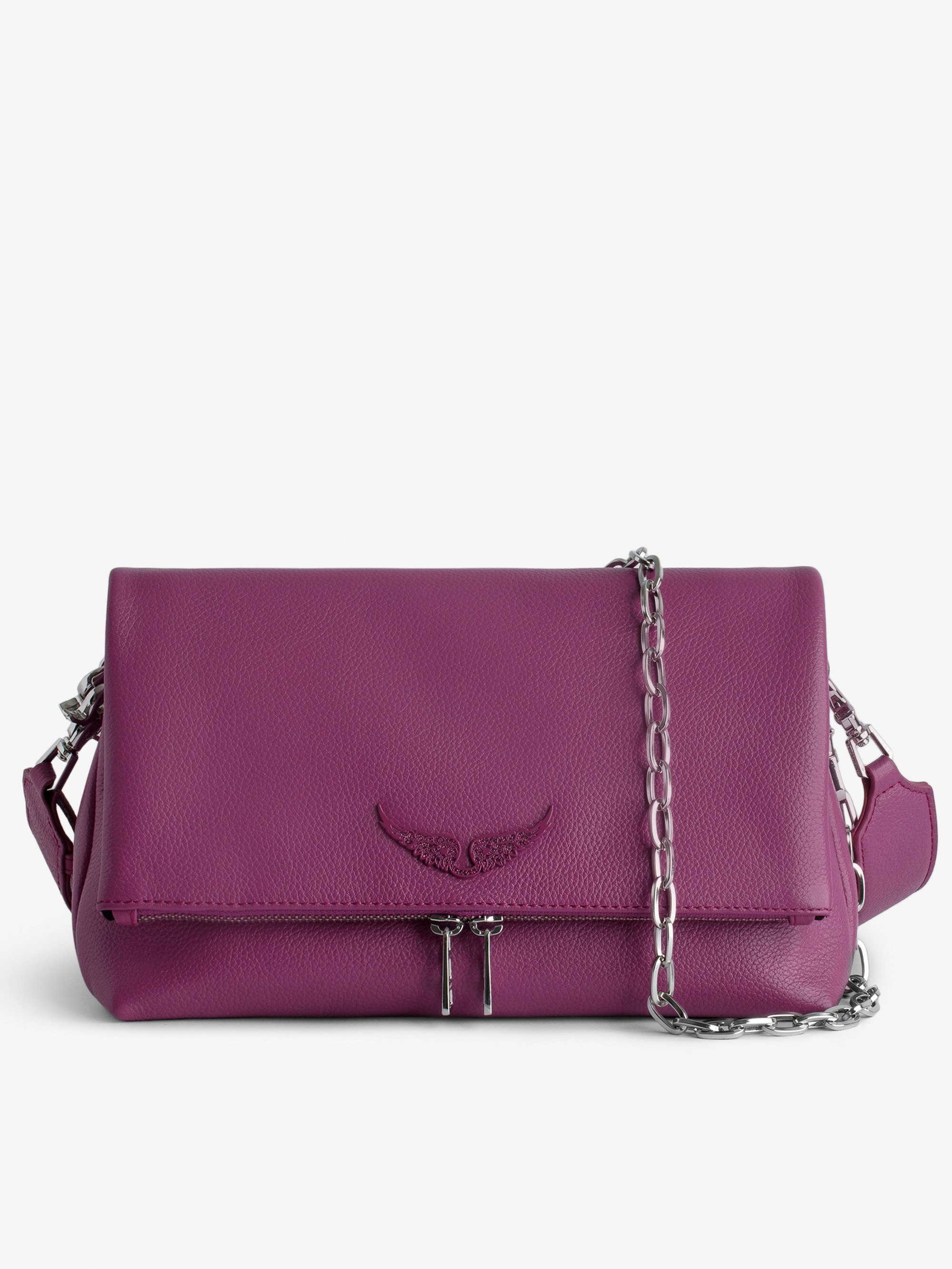 Rocky Bag - Fuchsia grained leather bag with leather and chain shoulder straps.