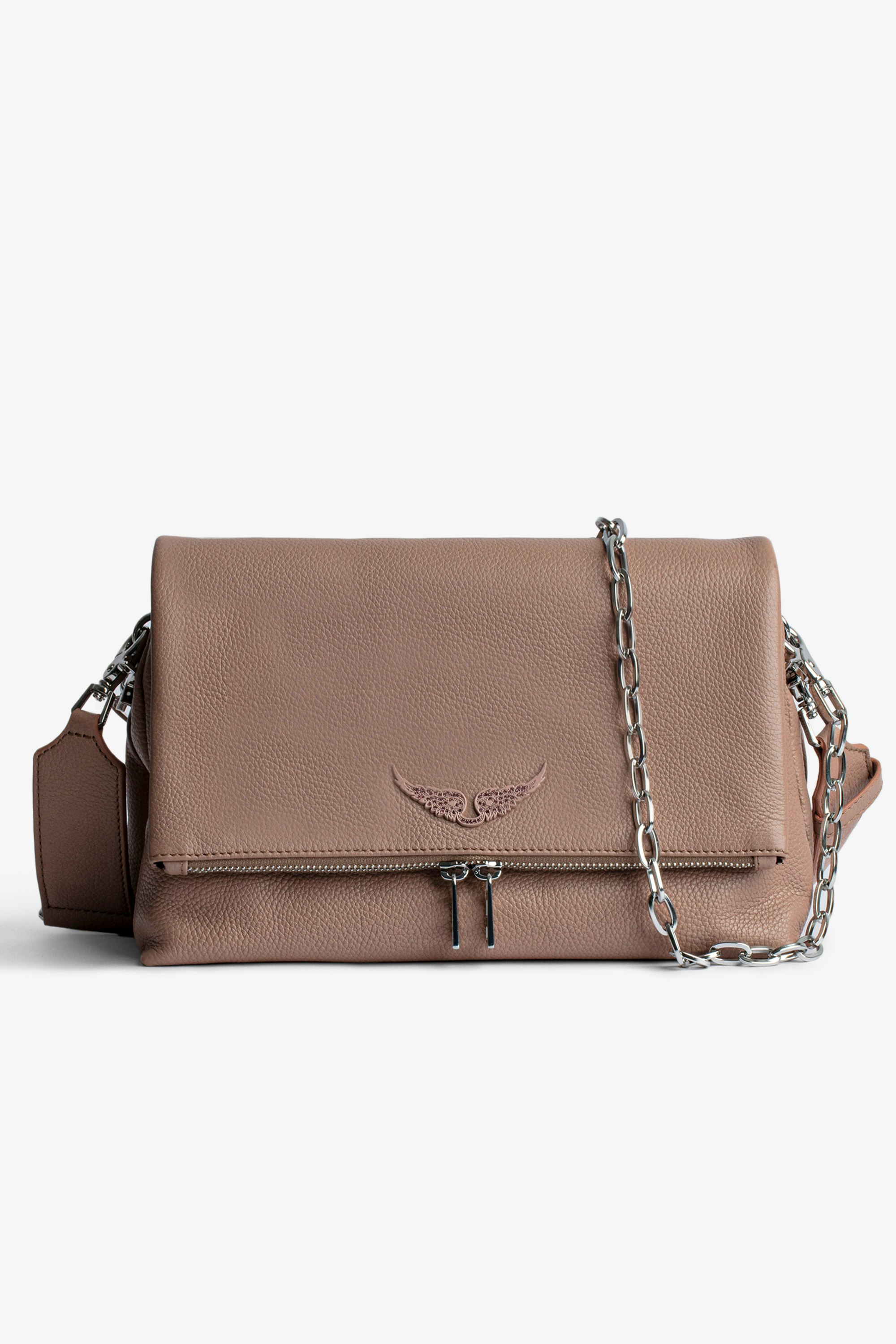 Tasche Rocky Damen-Handtasche aus genarbtem Leder in pudrigem Rosa mit Schulterriemen und Metallkette