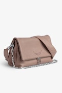 Rocky Bag - Women’s powder-pink grained-leather bag with shoulder strap and metal chain