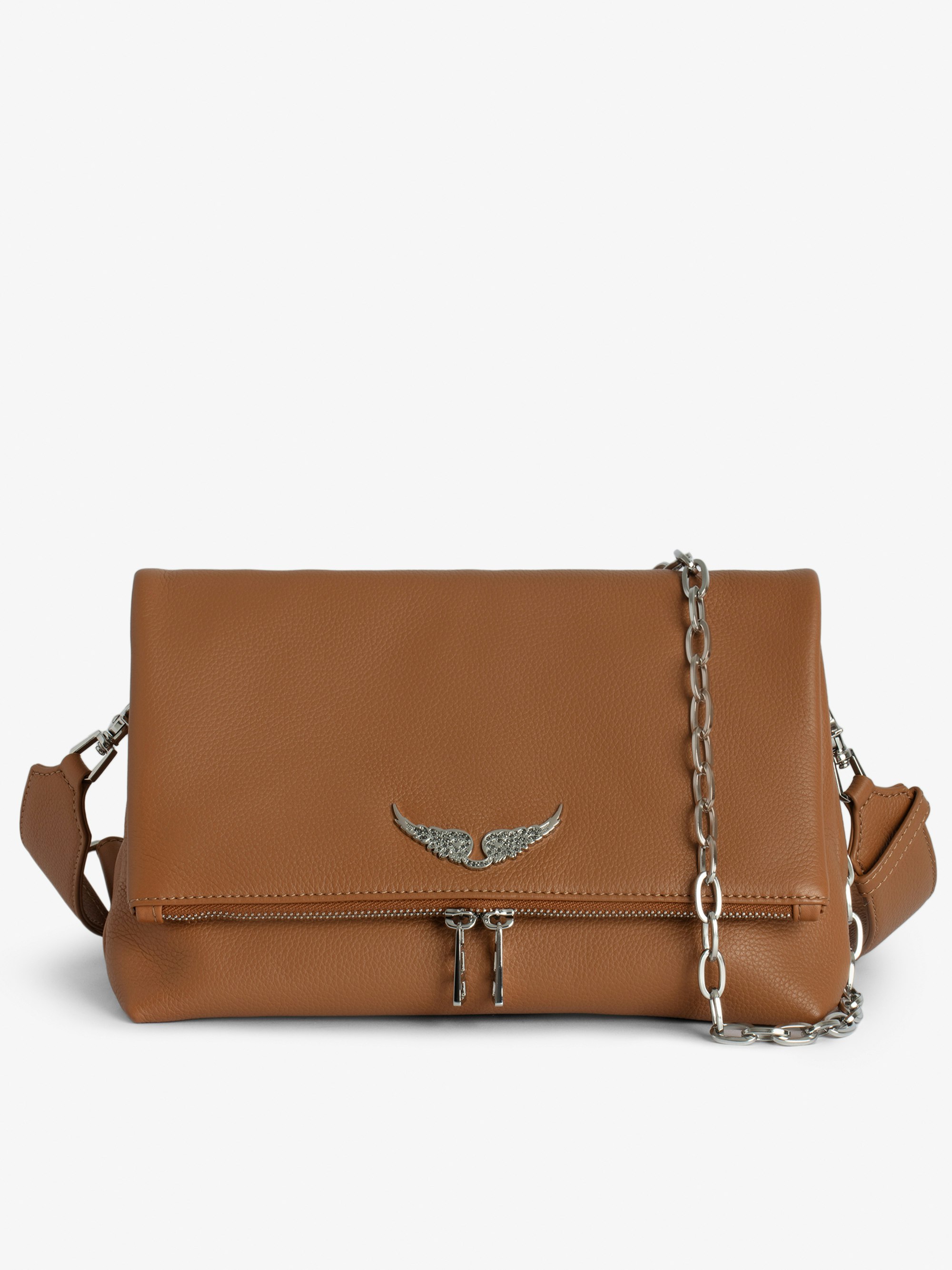 Rocky Bag - Camel grained leather bag with chain, shoulder strap and signature wings.