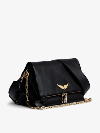 Rocky Bag - Women’s black grained leather bag with gold-toned chains and shoulder strap