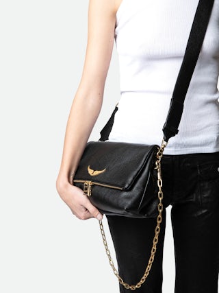 Rocky Bag - Women’s black grained leather bag with gold-toned chains and shoulder strap