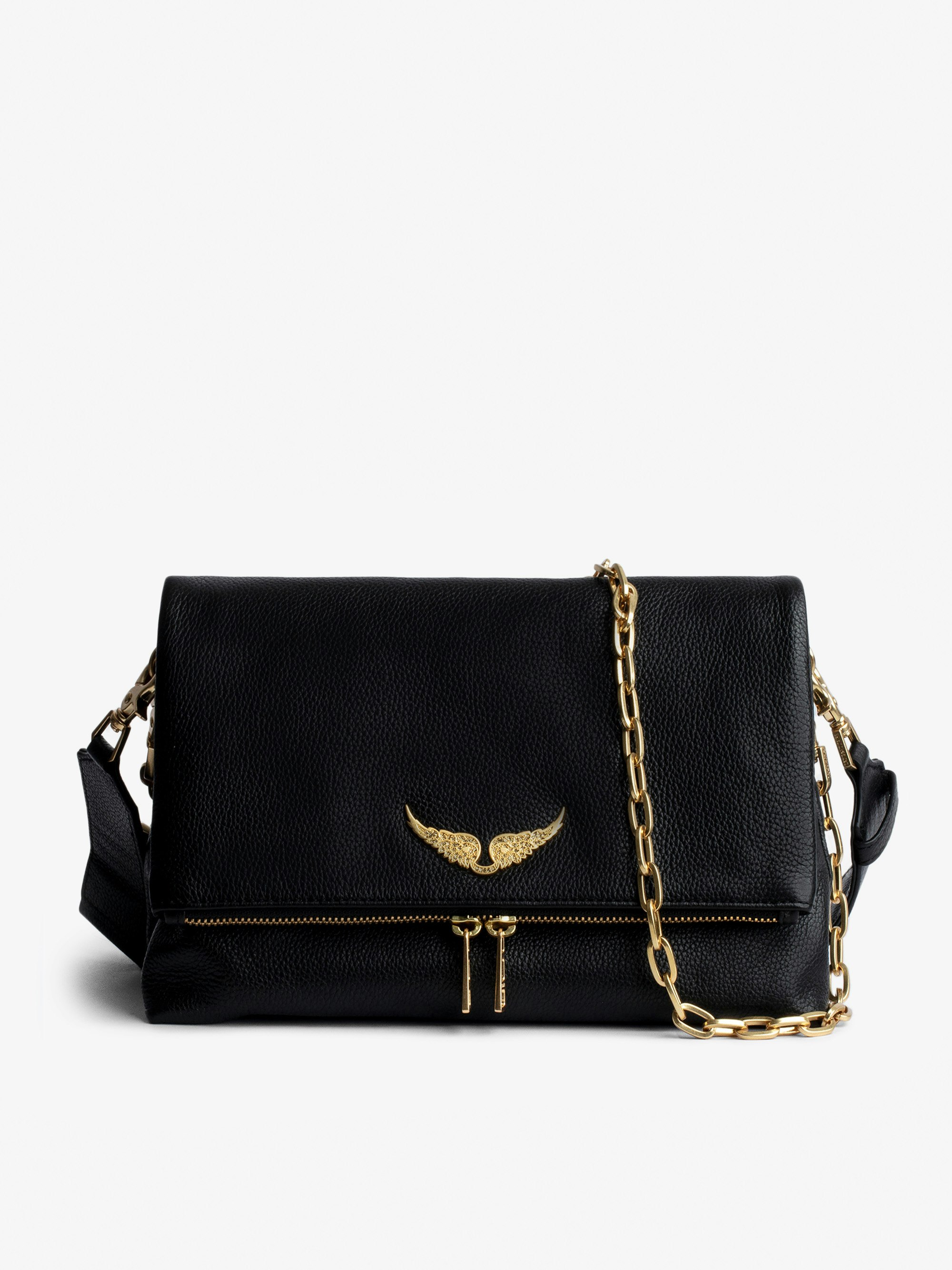 Tasche Rocky - Damentasche aus schwarzem genarbtem Leder und goldfarbenen Ketten mit Schulterriemen