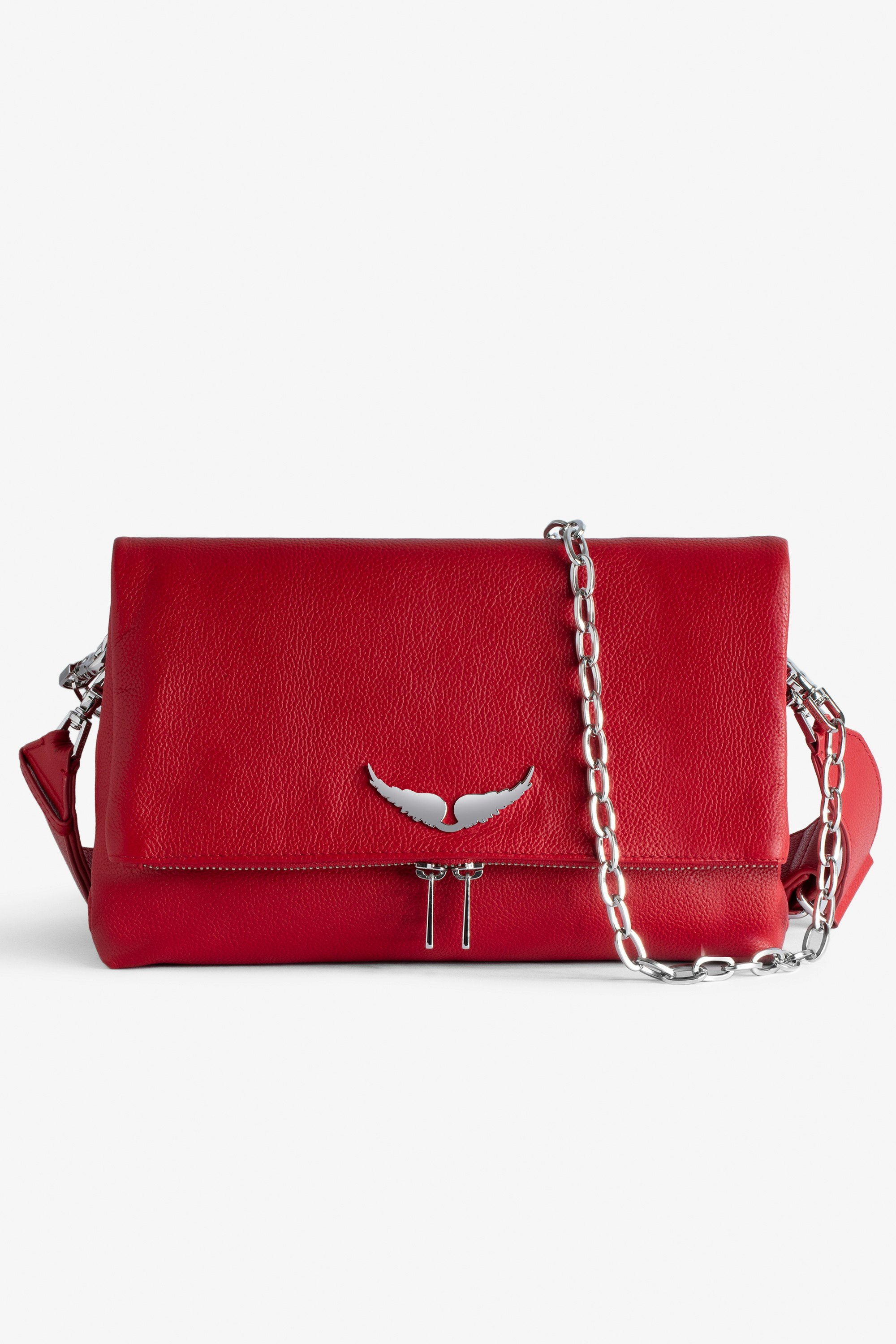 Rocky Bag - Women’s red grained leather bag with shoulder strap and wings charm