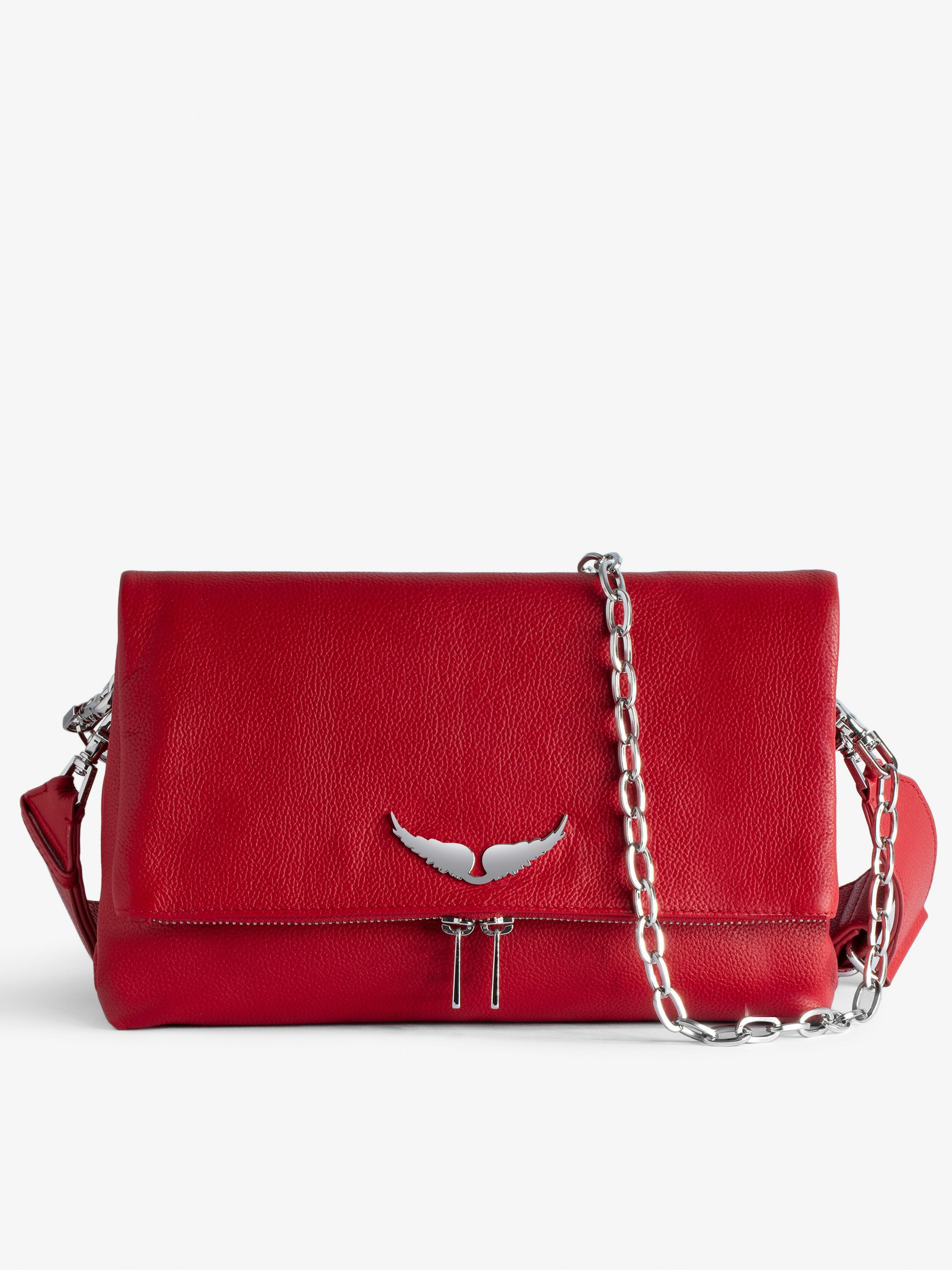 Rocky Bag - Women’s red grained leather bag with shoulder strap and wings charm