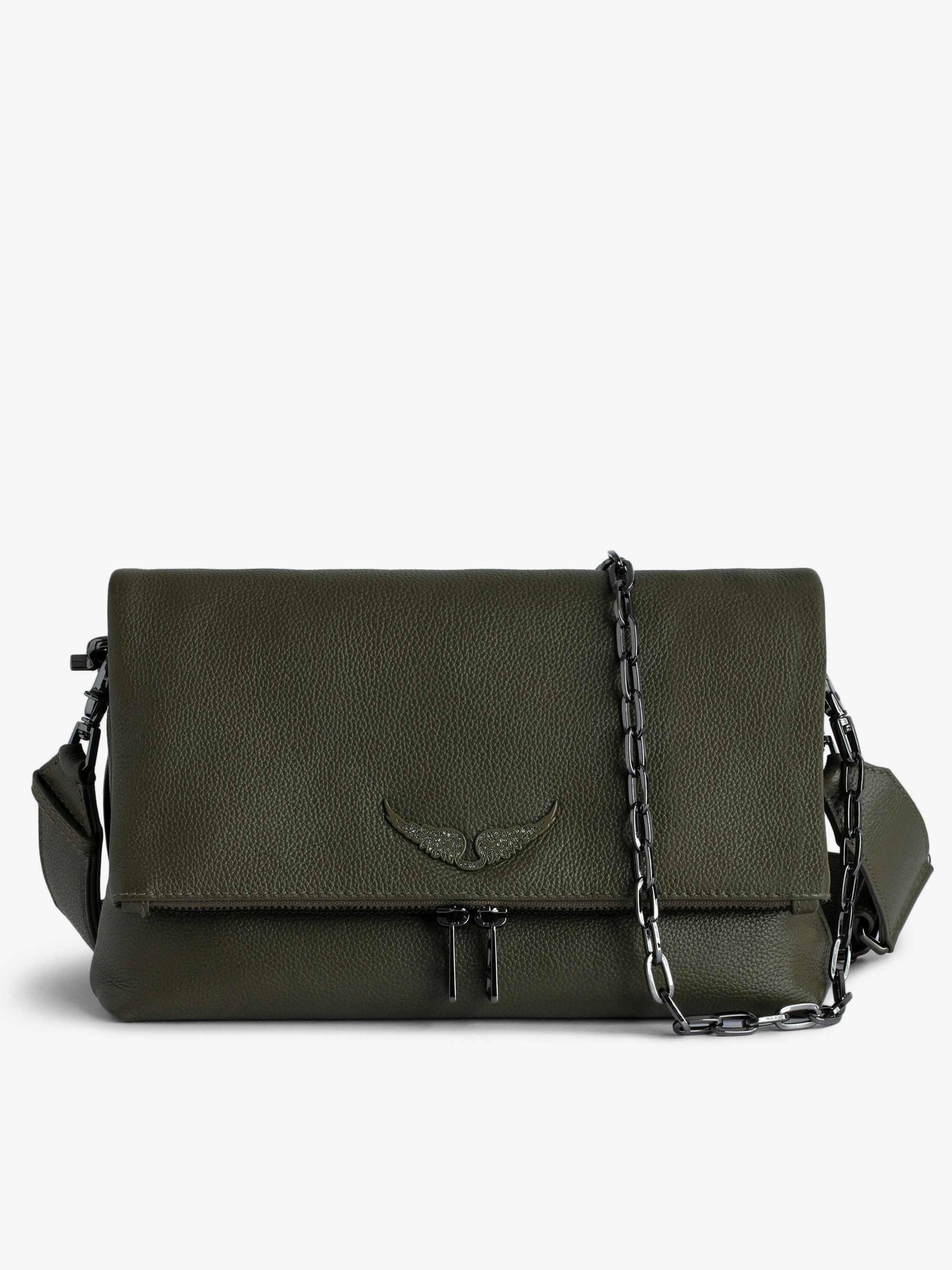 Tasche Rocky - Khakifarbene Handtasche aus genarbtem Leder mit Schulterriemen und charakteristischen Flügeln.