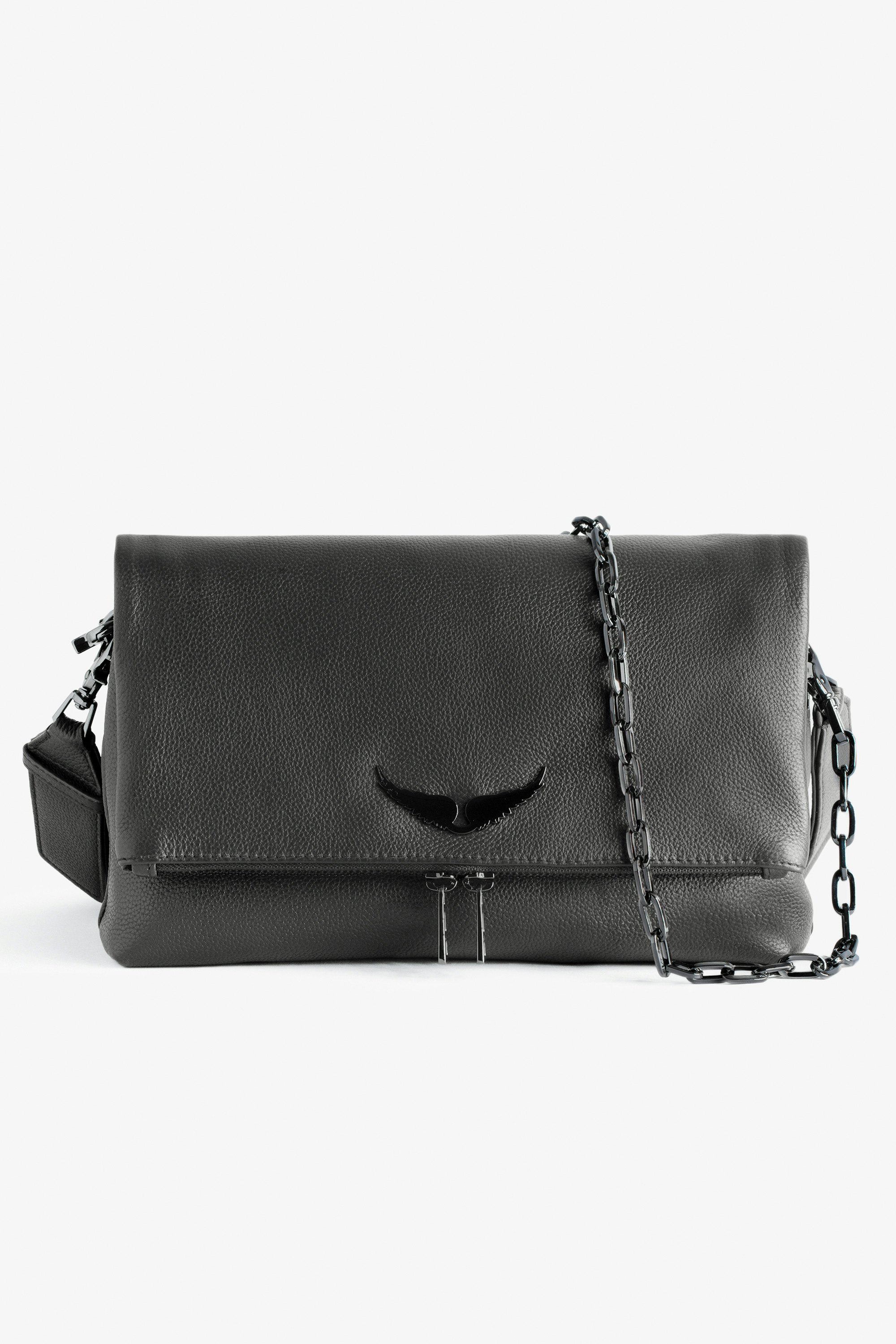 Rocky バッグ Women’s grey grained leather bag with shoulder strap and wings charm