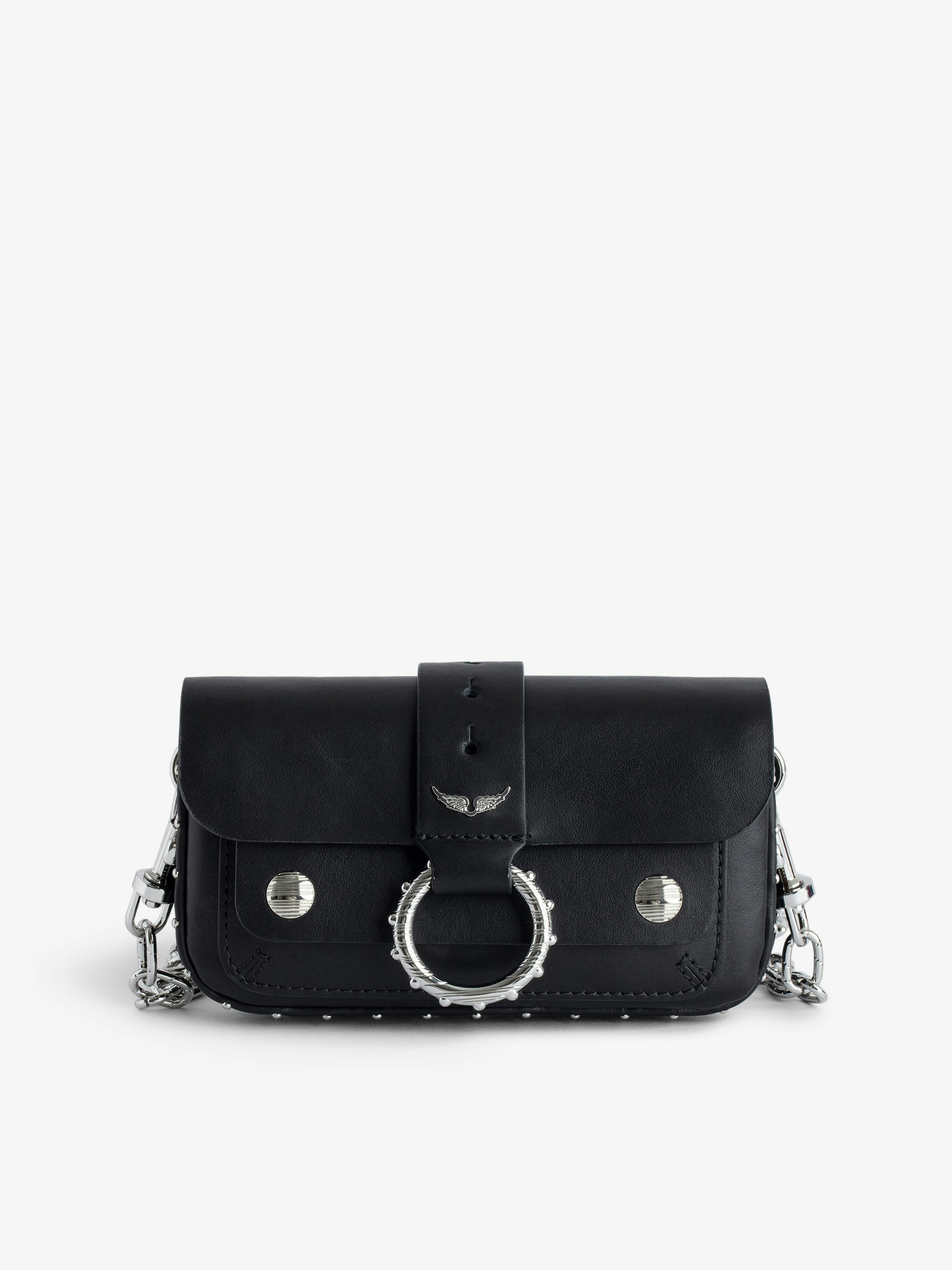 Tasche Kate Wallet - Designed by Kate Moss for Zadig&Voltaire.  Mini-Handtasche aus schwarzem Glattleder mit Ring und Metallkette.