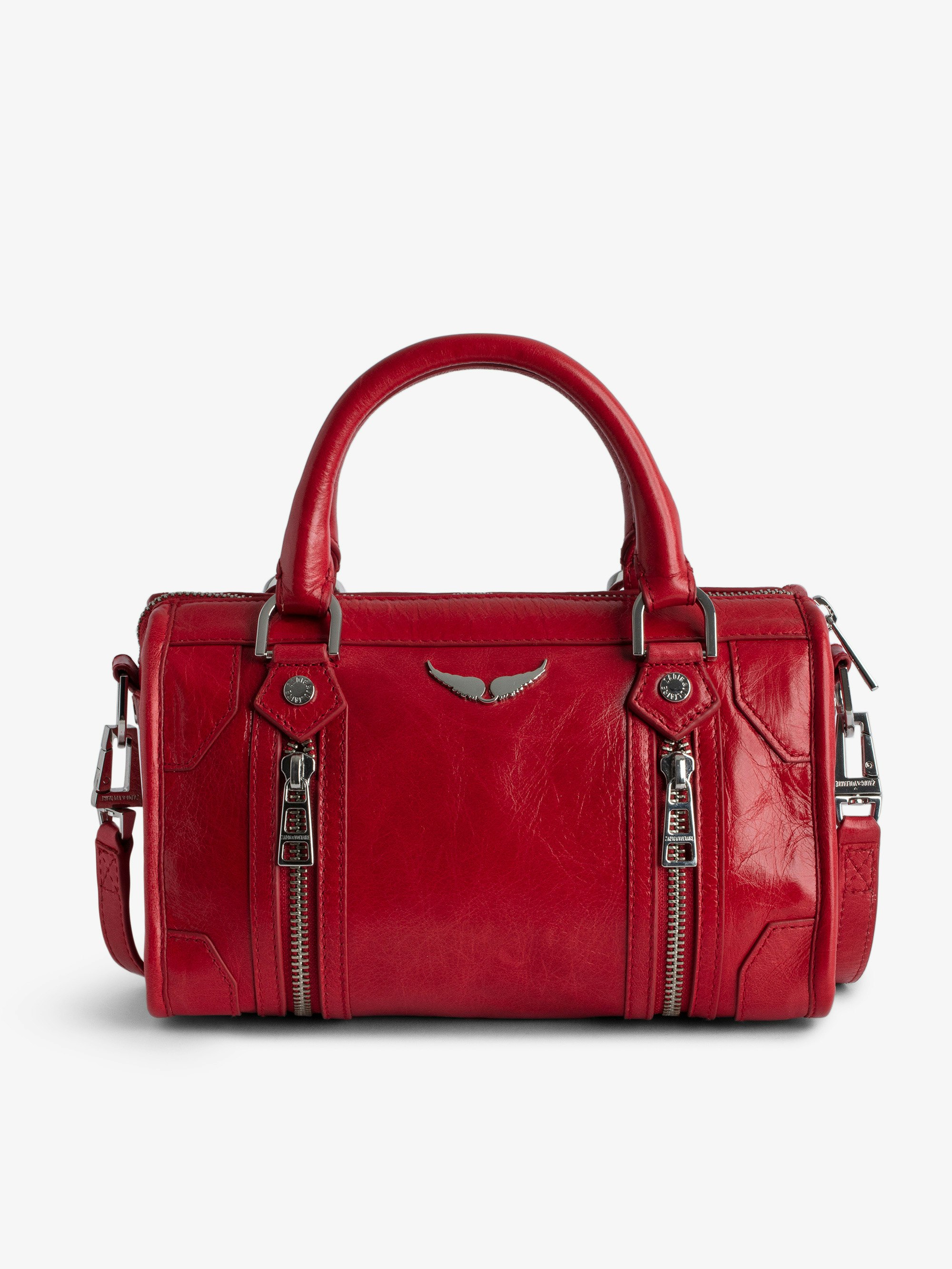 Tasche XS Sunny #2 - Kleine Handtasche aus rotem Lackleder in Vintage-Optik mit kurzen Henkeln und Schulterriemen.