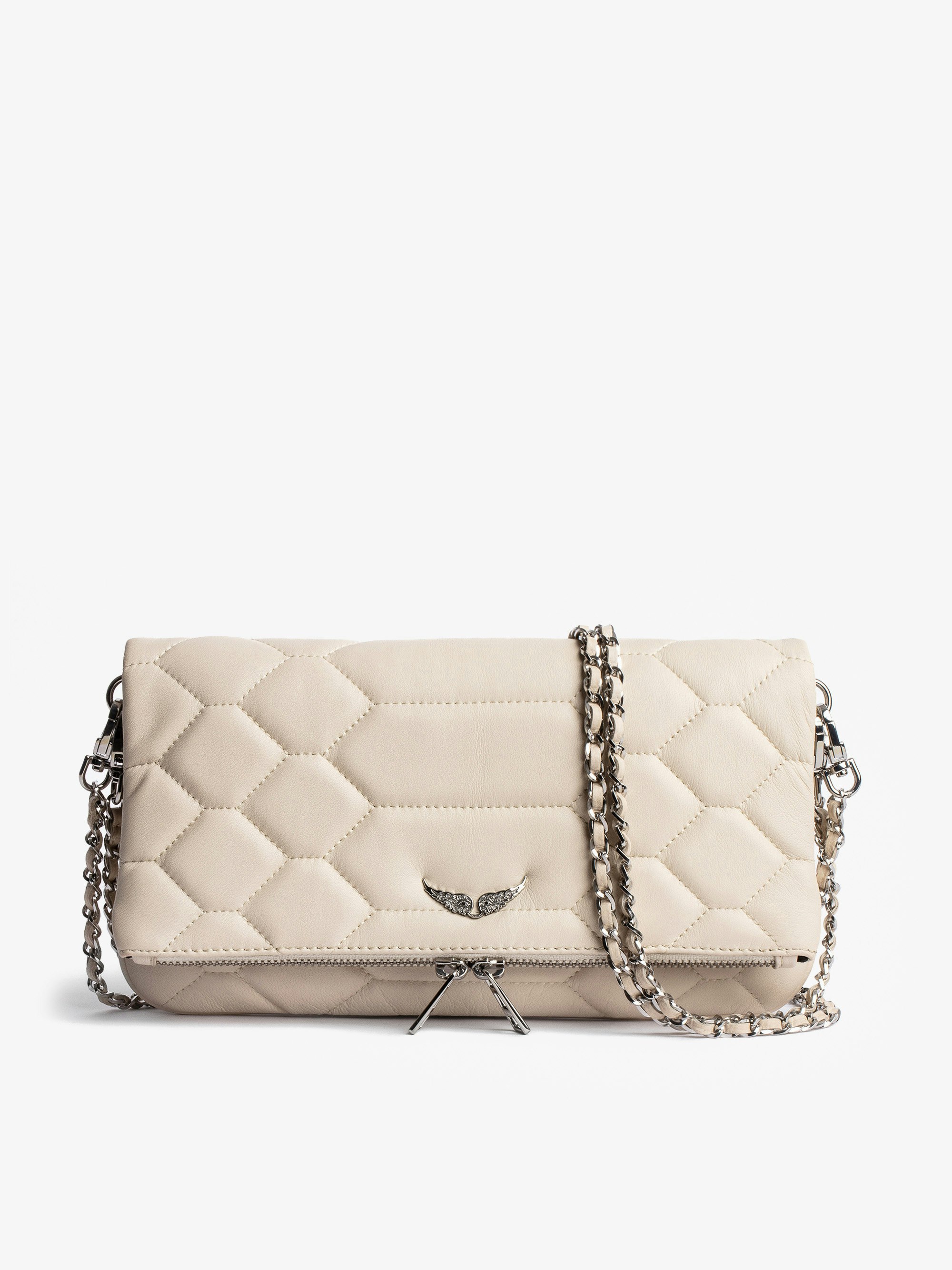 Rock Quilted Clutch - Women’s smooth quilted leather clutch bag with snake scale look in ecru