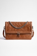 Rock Novel Bag - Women's small leather clutch with flap and shoulder strap in camel