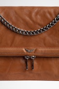Rock Novel Bag - Women's small leather clutch with flap and shoulder strap in camel