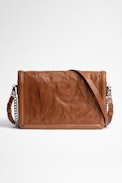 Rock Novel Bag - Women's small leather clutch with flap and shoulder strap in camel