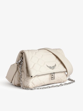 Rocky XL Quilted Clutch - Women’s smooth quilted leather bag in ecru with snake scale look and shoulder strap