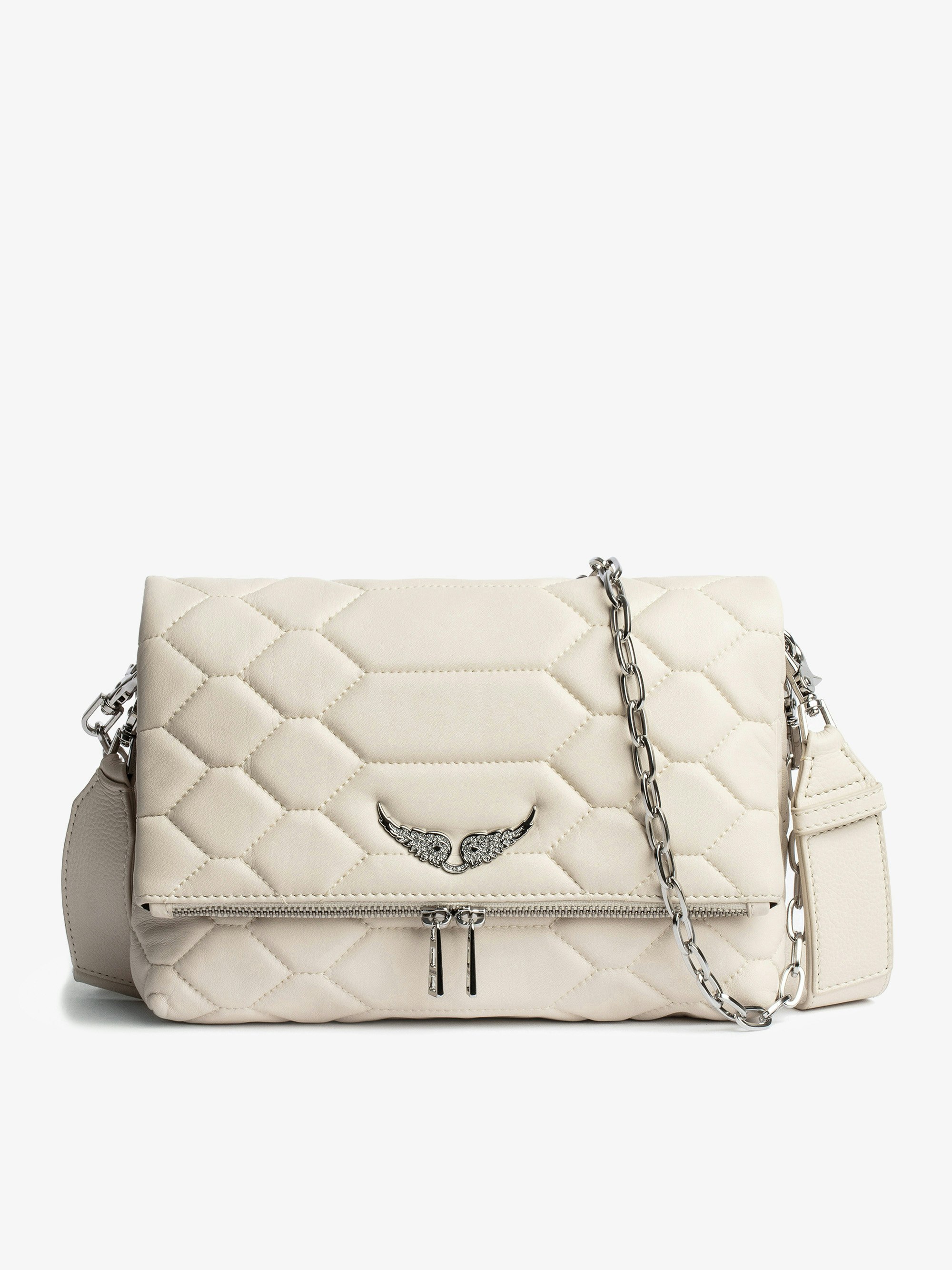 Rocky Quilted Bag - Women’s smooth quilted leather bag in ecru with snake scale look and shoulder strap