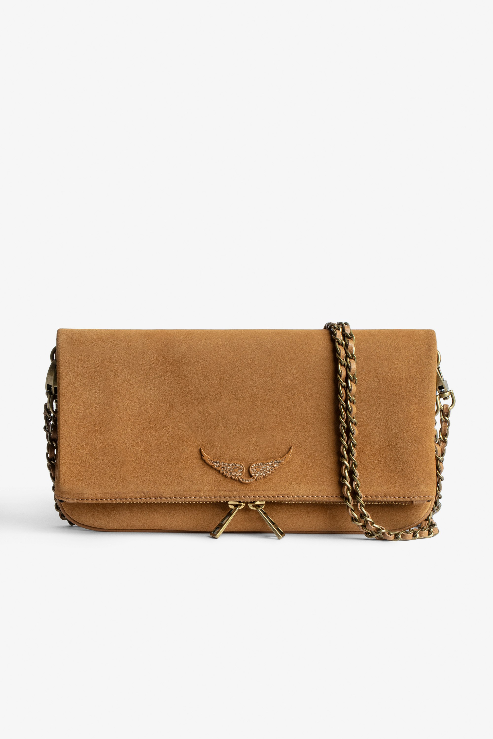 Rock Suede Clutch Women's camel suede clutch bag with leather-and-metal chain