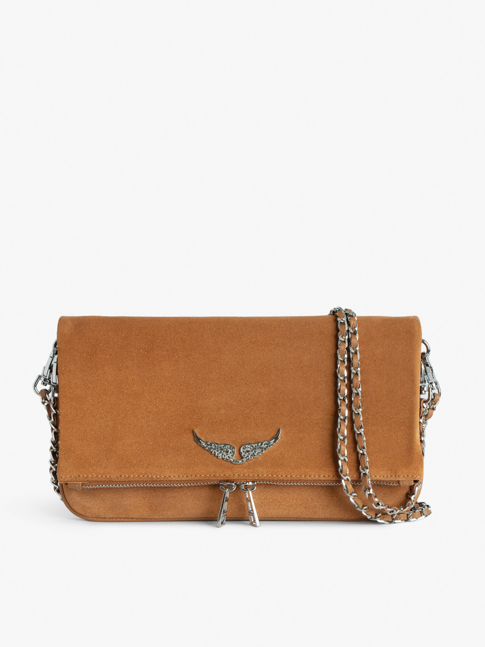 Rock Suede Clutch - Suede clutch with double chain and signature diamante wings.