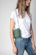 Pochette Rock Scamosciata - Pochette in pelle scamosciata kaki con doppia catena in pelle e metallo - Donna