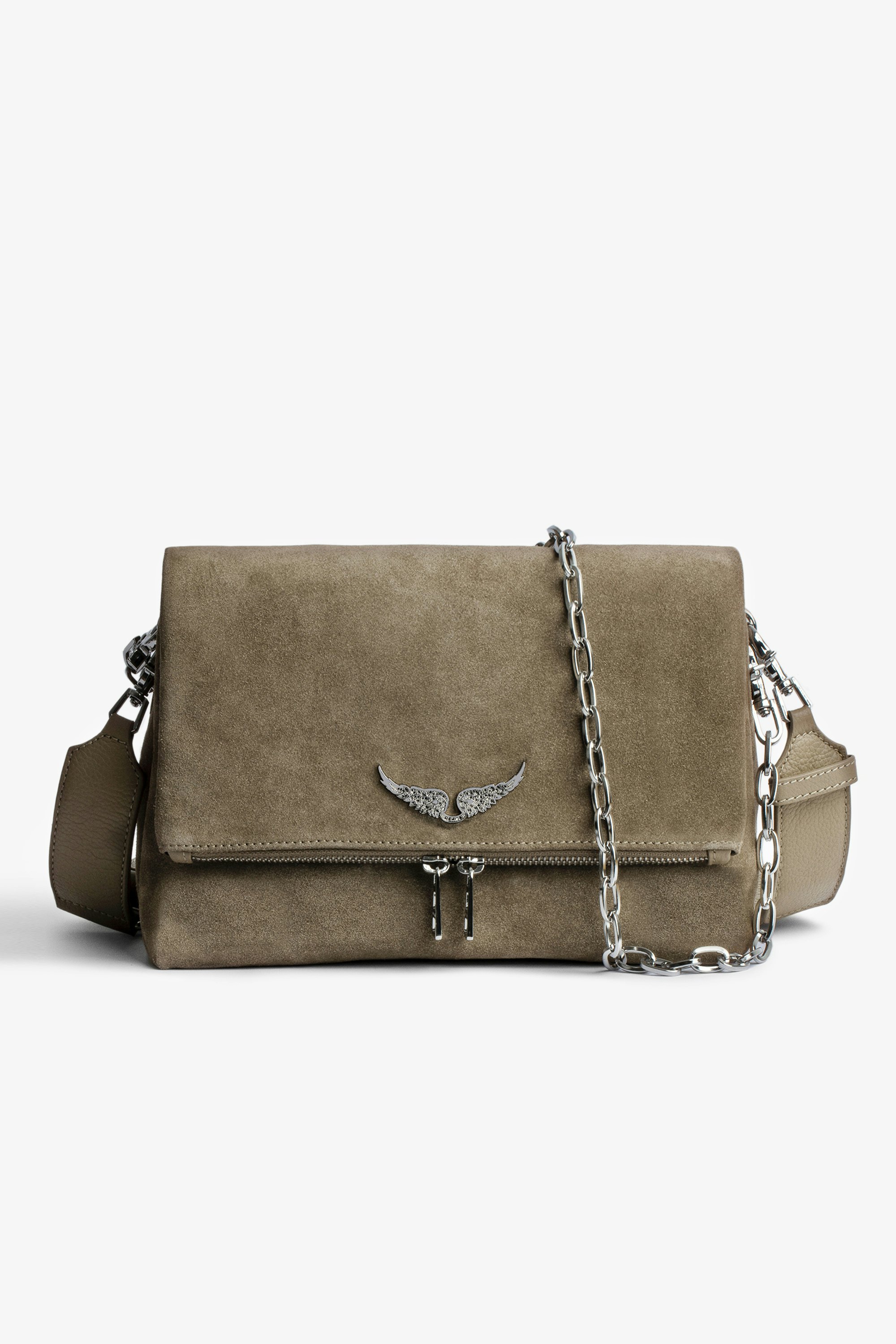 Rocky Suede バッグ Women’s taupe suede bag with silver-tone metal shoulder strap