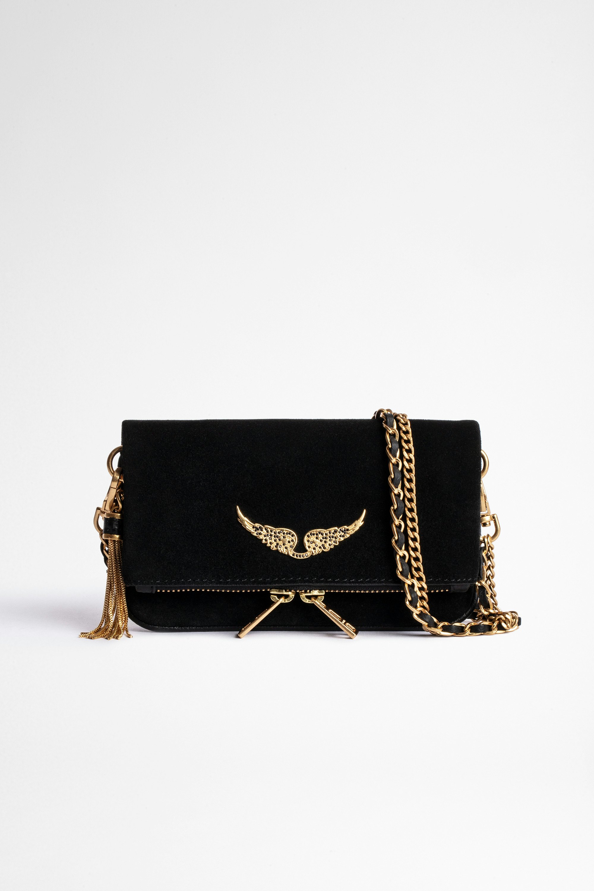 Rock Nano Club クラッチバッグ Women’s suede clutch bag in black with gold pompom