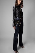 Pochette Rock Nano Club - Pochette in pelle scamosciata nera e pompon dorato donna