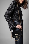 Pochette Rock Nano Club - Pochette in pelle scamosciata nera e pompon dorato donna