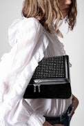 Rock Novel Bag - Women's black suede bag with studded flap
