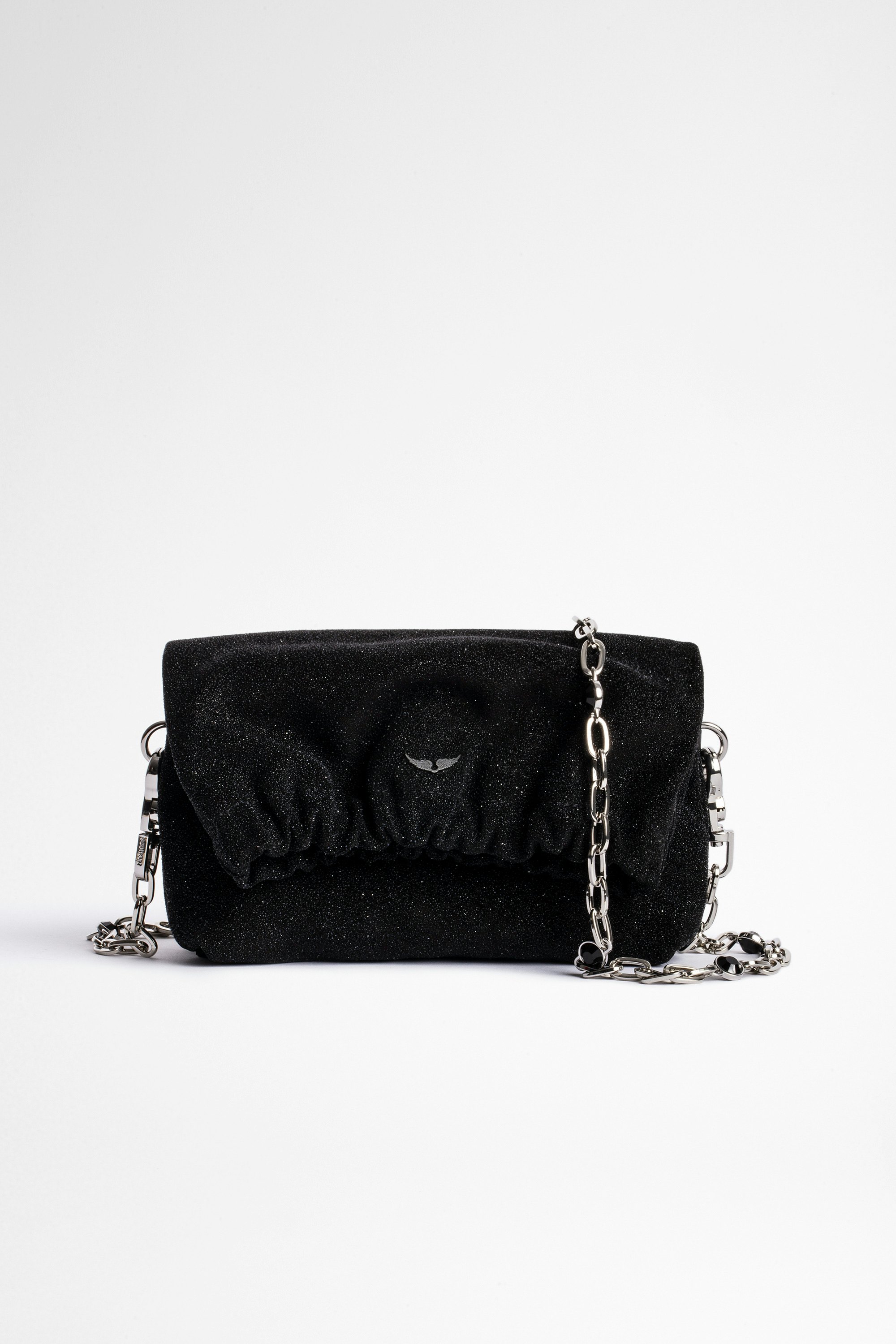 Tasche Rockyssime XS Damen-Clutch aus schwarzem Leder und Henkel mit Silberkette