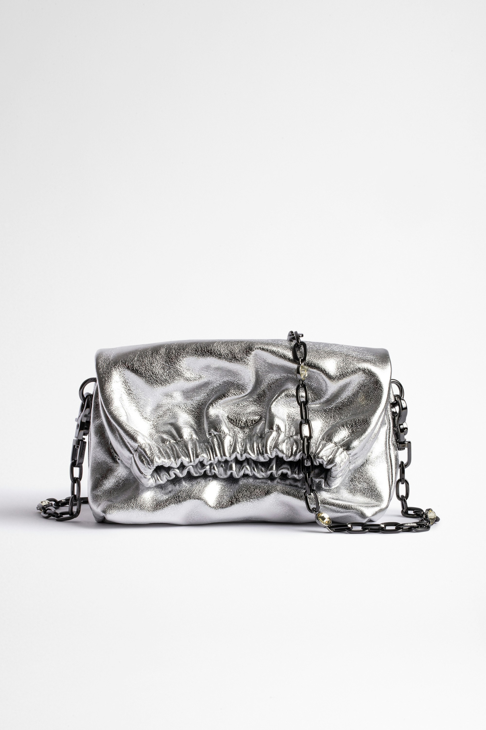 Tasche Rockyssime XS Metallic Damen-Clutch aus silbernem Lammleder mit silbernem Kettengriff