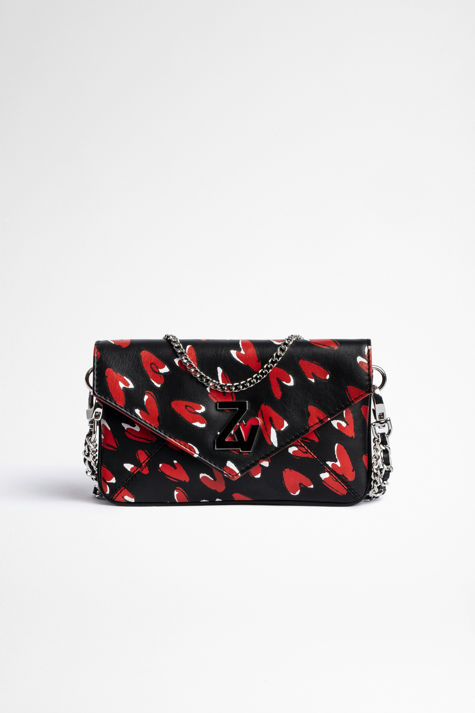Rockeur ミニクラッチバッグ Small women’s clutch in black grained leather with pattern 