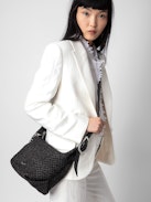 Le Cecilia Bag - Black basket-style bag with leather shoulder strap and metallic C buckle.