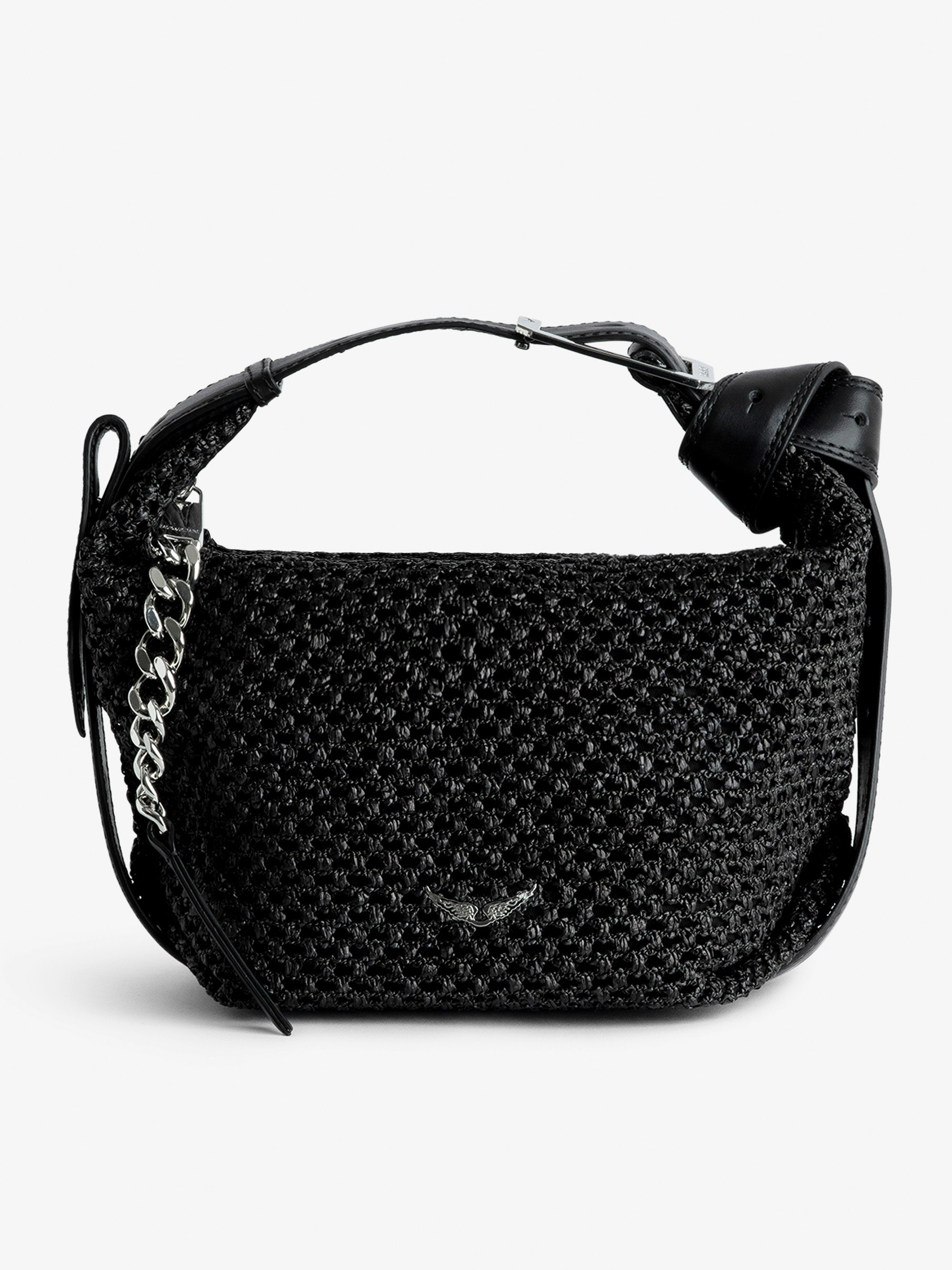 Le Cecilia Bag - Black basket-style bag with leather shoulder strap and metallic C buckle.
