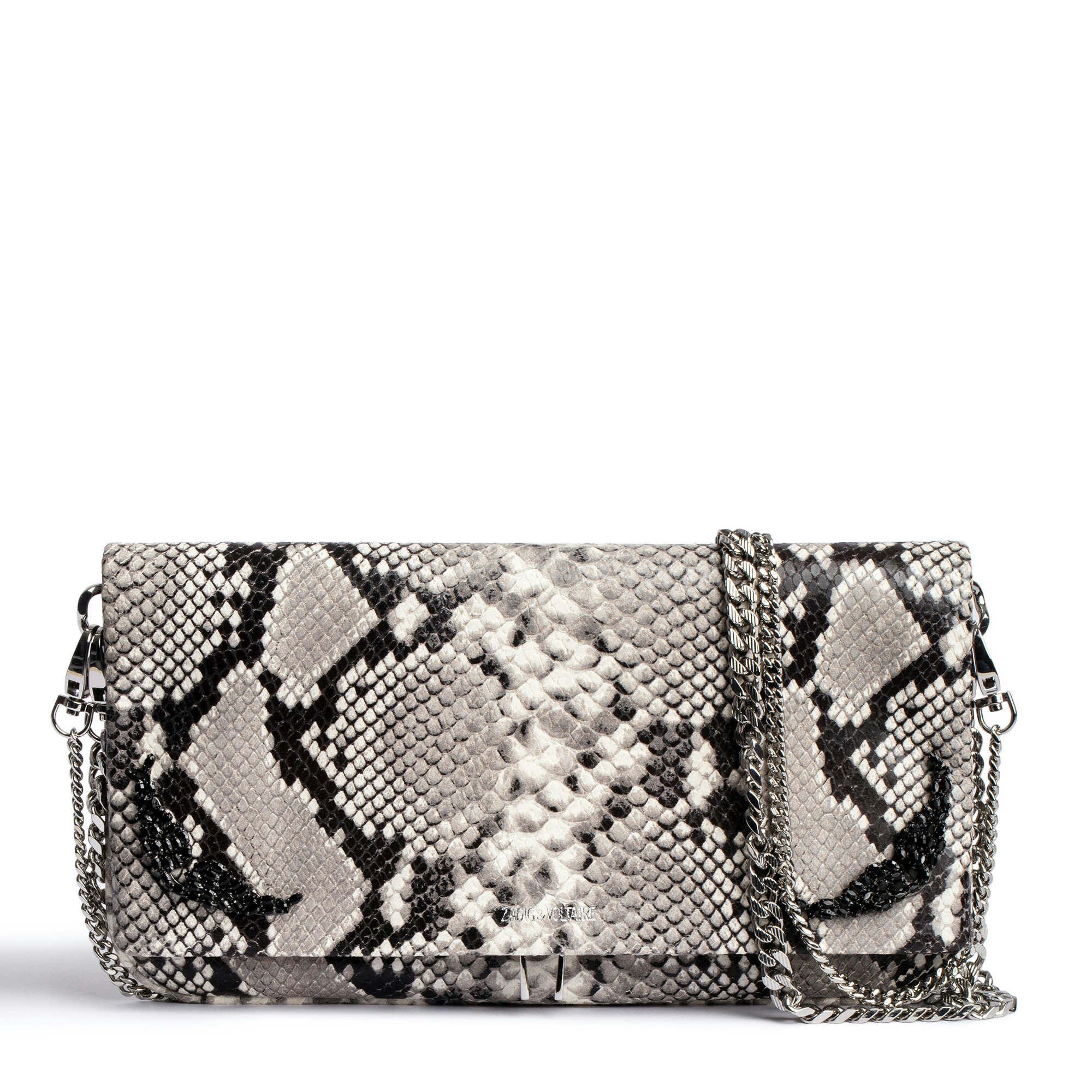 Rock Mirror Clutch Women's beige leather clutch bag with studs and snakeskin effect