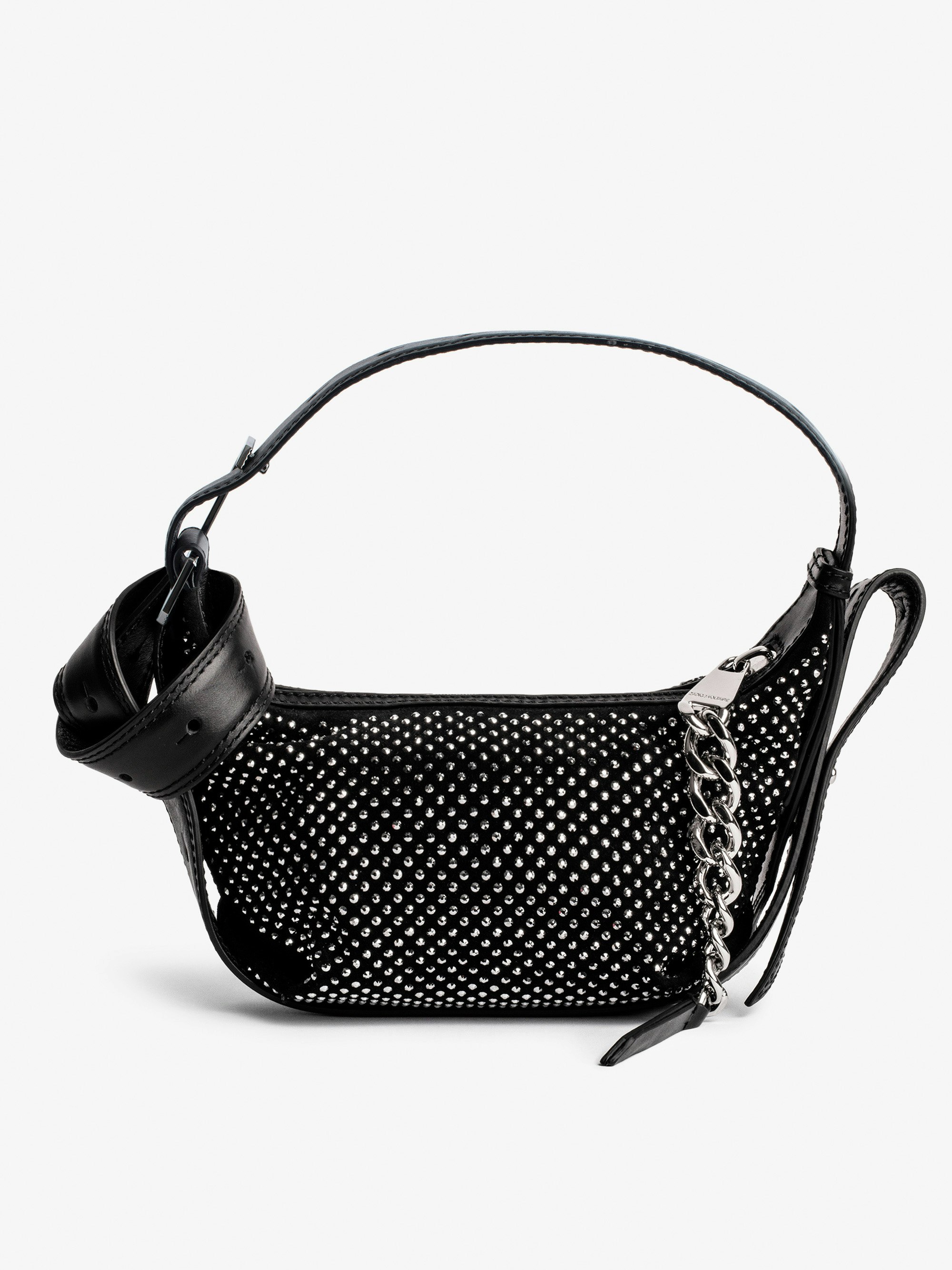 Le Cecilia XS Strass Bag - Women's black suede shoulder bag with rhinestones.