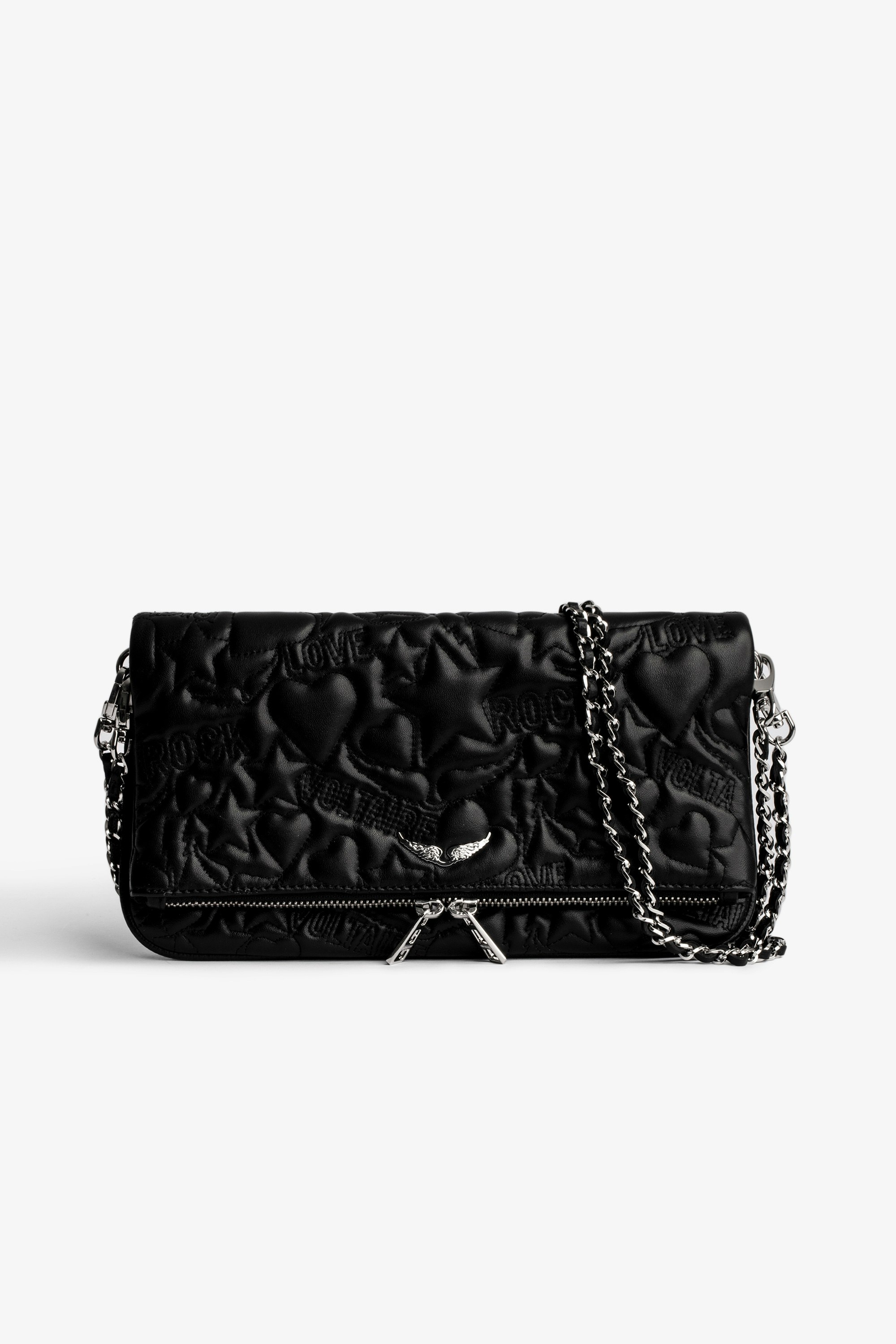 Rock クラッチバッグ Women’s black quilted leather clutch bag with topstitched motifs