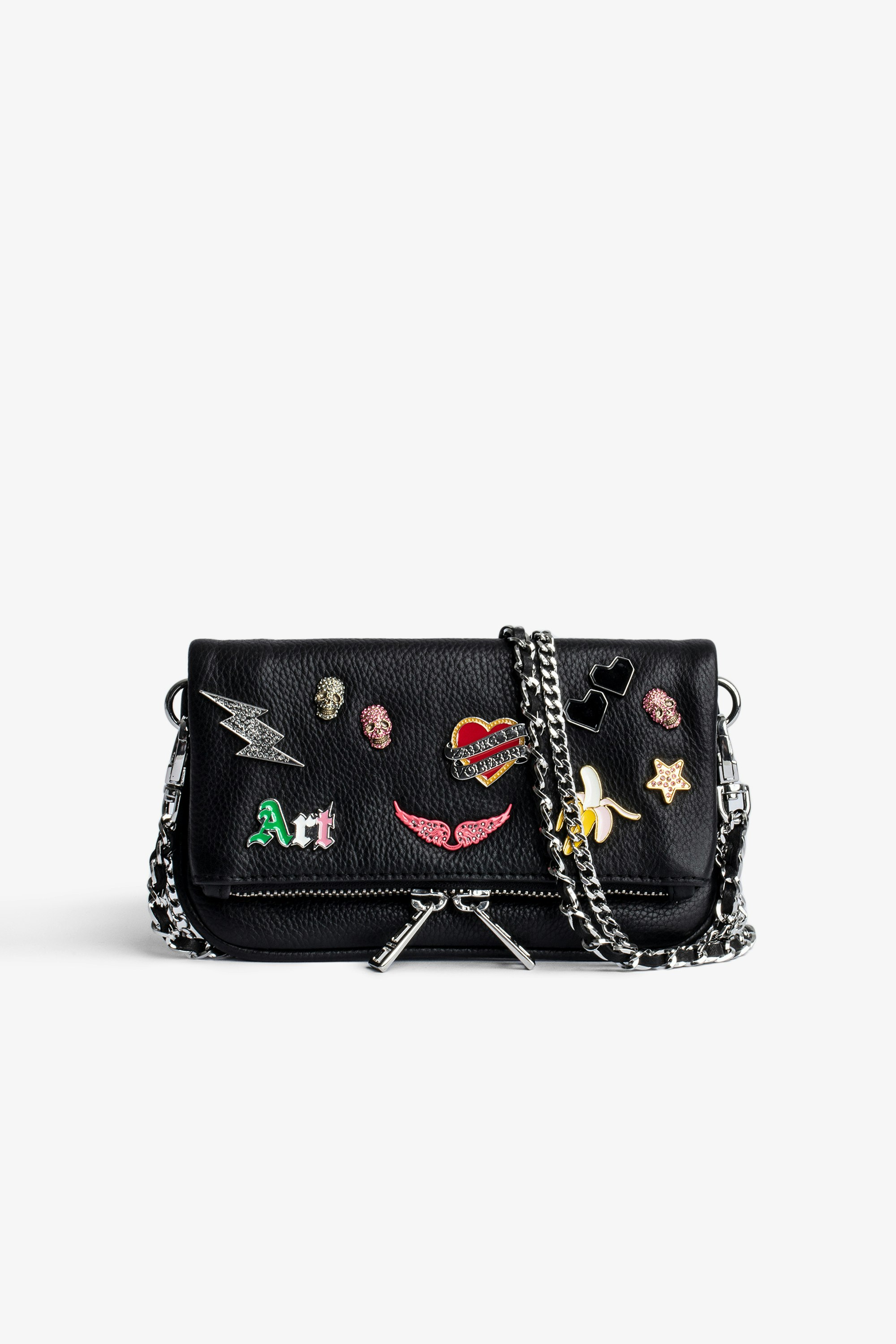 Rock Nano クラッチバッグ Women’s Rock Nano clutch in black grained leather with badges