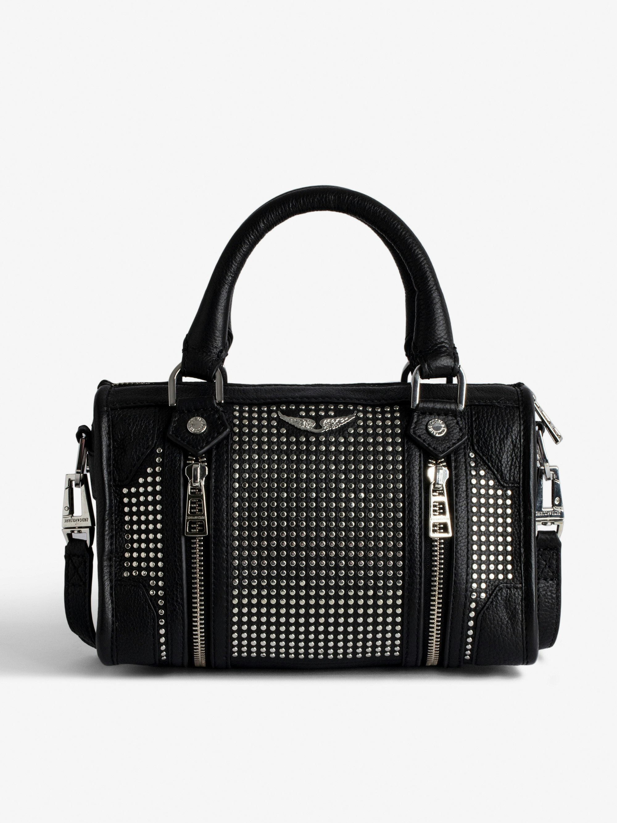 Borsa XS Sunny #2 - Piccola borsa con cerniera in pelle nera con borchie e tracolla donna.