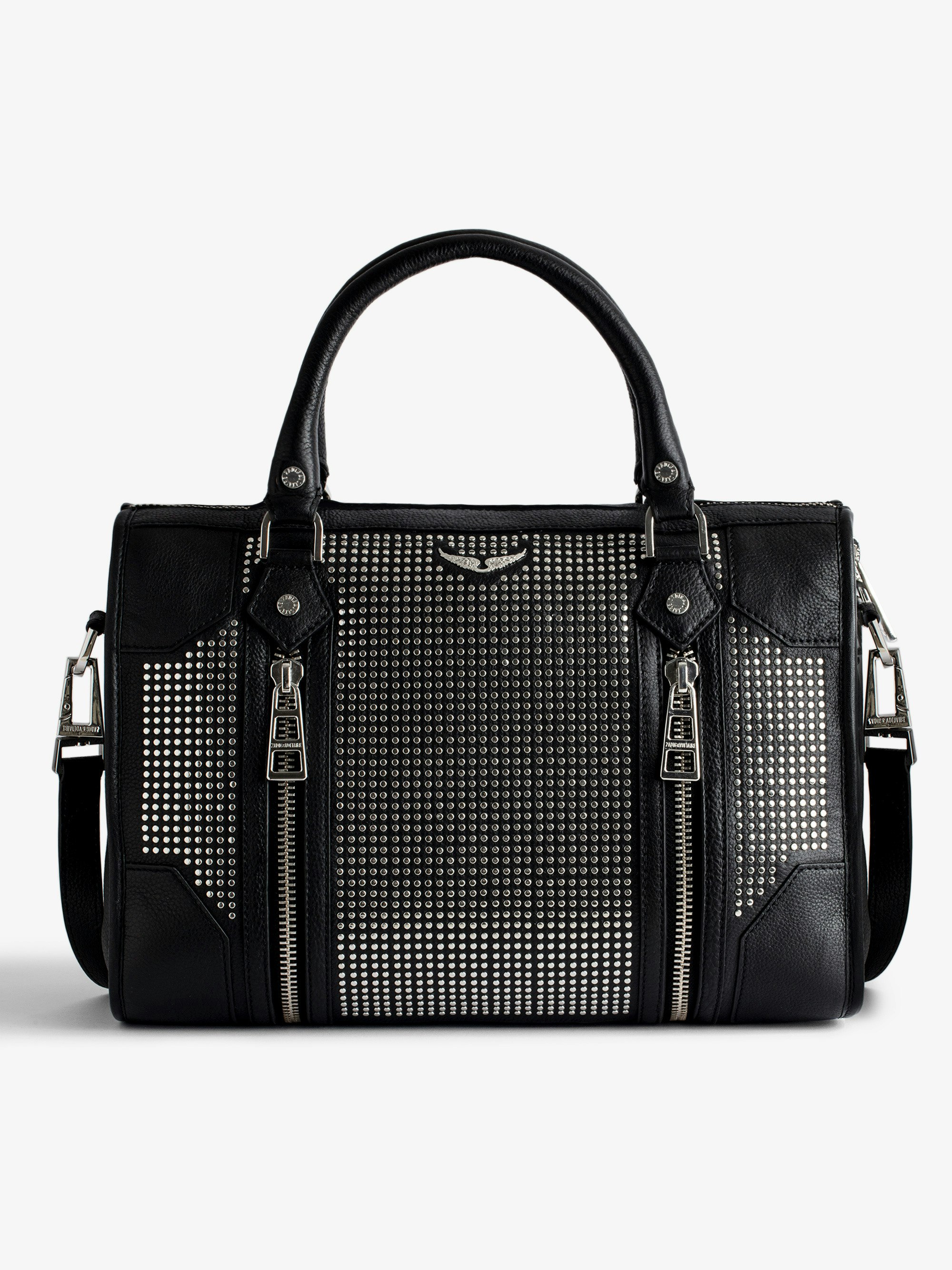 Tasche Sunny Medium #2 - Mittelgroße Damentasche mit Reißverschluss aus schwarzem Leder mit Nietenverzierung und Schulterriemen.