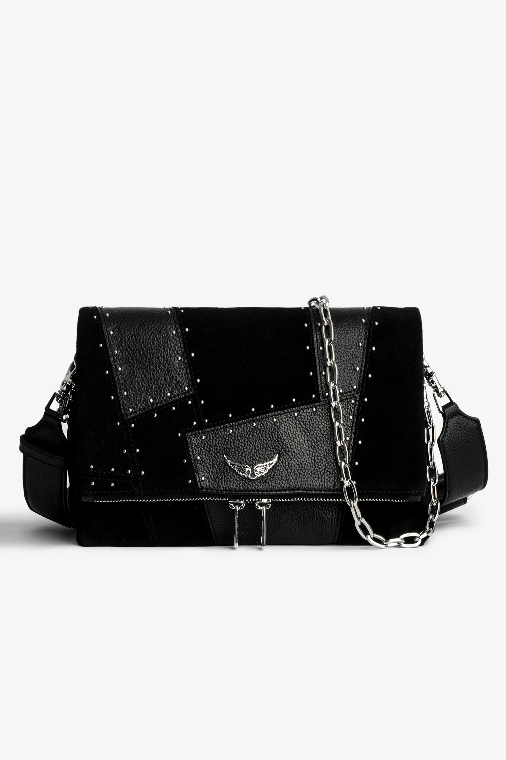 Tasche Rocky Patchwork Studs Damen-Unhängetasche aus schwarzem Lederpatchwork mit silberfarbenen Nieten 