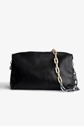 Rockyssime Bag - Women’s clutch bag in black smooth leather with two-tone metal chain