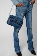 Rockyssime Bag - Women’s clutch bag in blue denim with metal chain