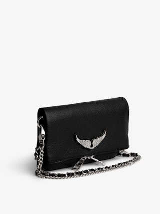 Rock Nano Clutch Swing Your Wings - Black grained leather Swing Your Wings Rock Nano clutch with leather shoulder strap and chain.
