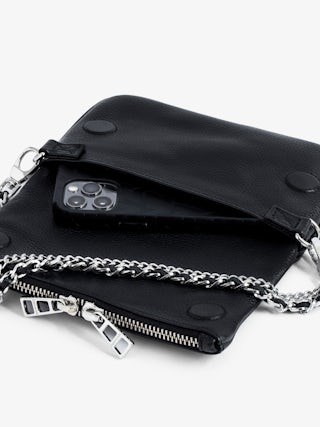 Rock Nano Clutch Swing Your Wings - Black grained leather Swing Your Wings Rock Nano clutch with leather shoulder strap and chain.