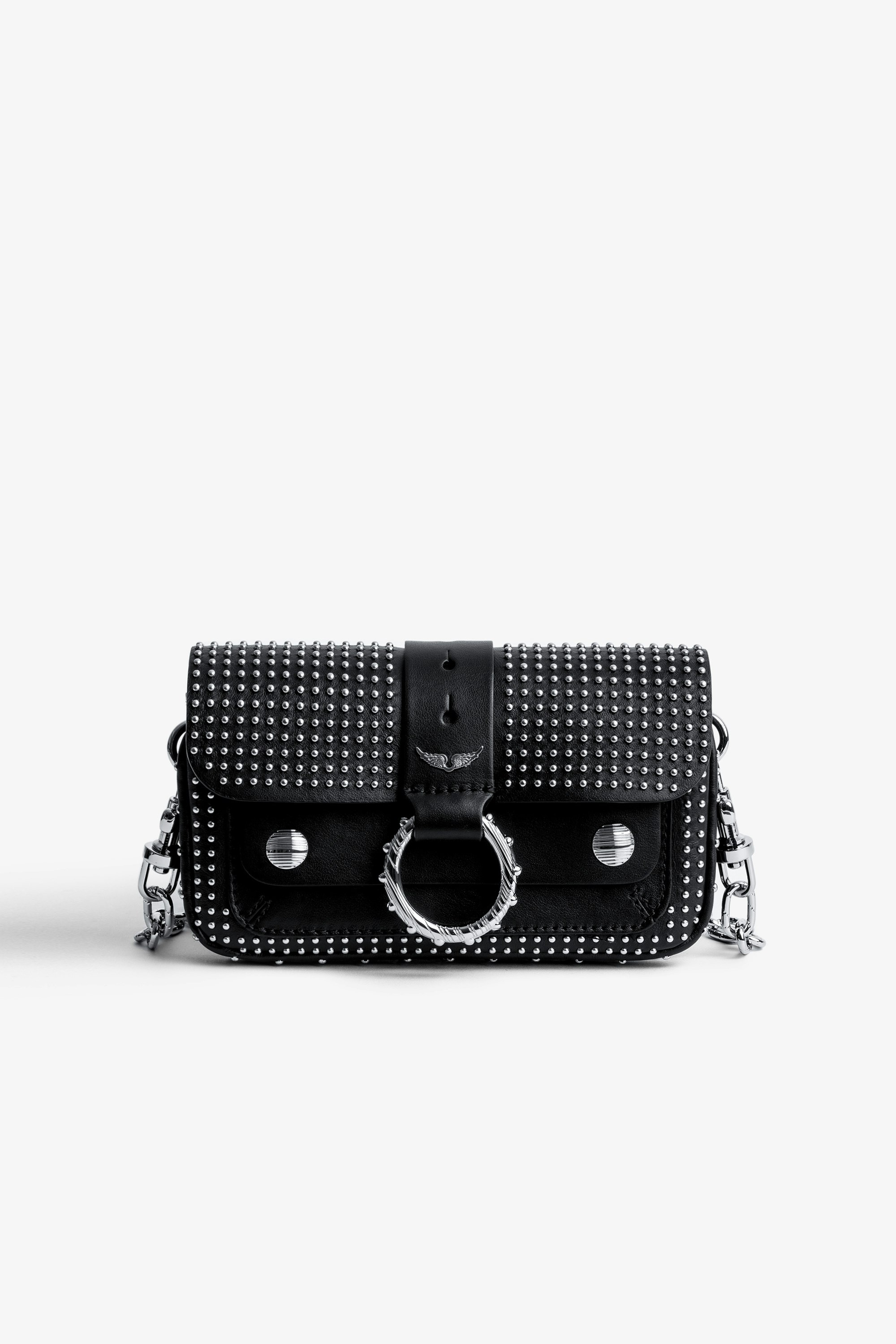 Tasche Kate Wallet Kleine Damentasche aus schwarzem Leder mit Klappe, Metallring und Schulterriemen