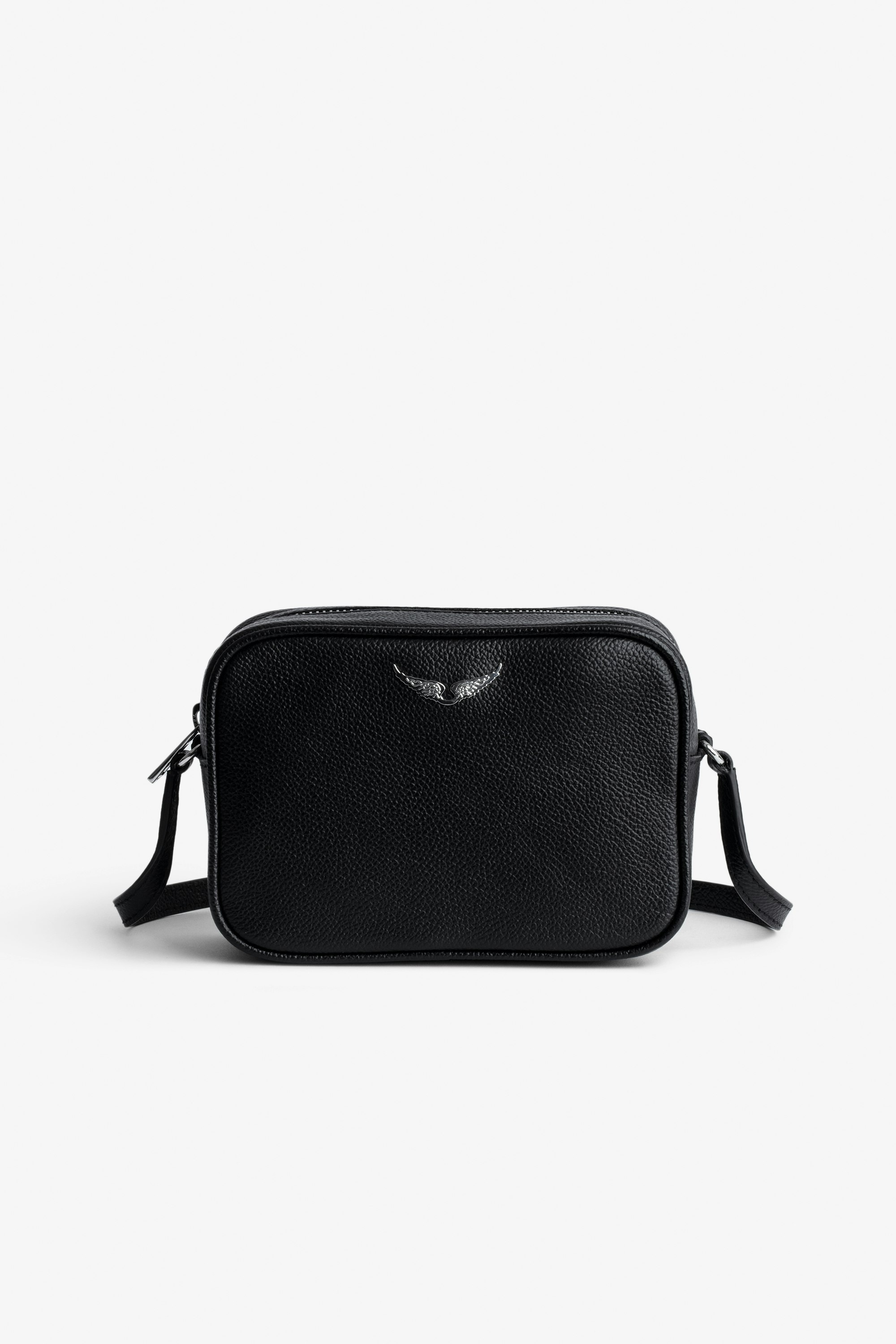 Boxy Wings Bag - Black leather bag with silver wings on front.