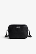 Boxy Wings Bag - Black leather bag with silver wings on front.